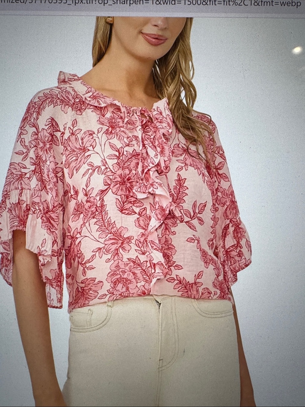 Vince Camuto Pink Floral Ruffle Blouse